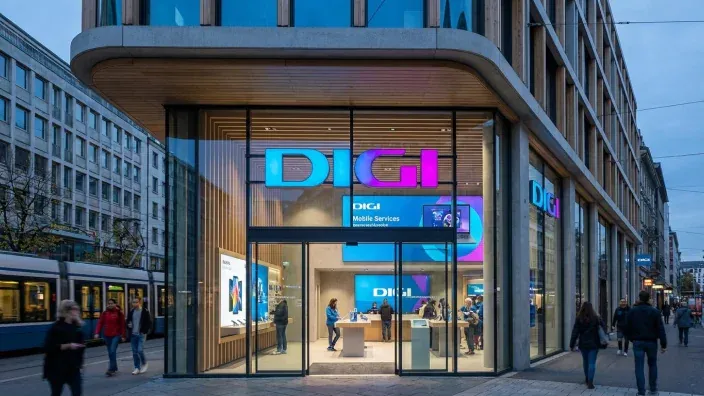 Tienda de fibra y móvil DIGI con fachada de cristal y logo con varios colores.