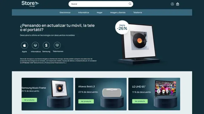 Página de Store Unicaja con ofertas en tecnología, móviles, televisores y portátiles con descuentos de hasta el 26%.