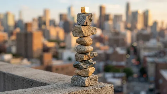 Torre de piedras apiladas con un cubo dorado en la cima, con el skyline de una ciudad al atardecer de fondo
