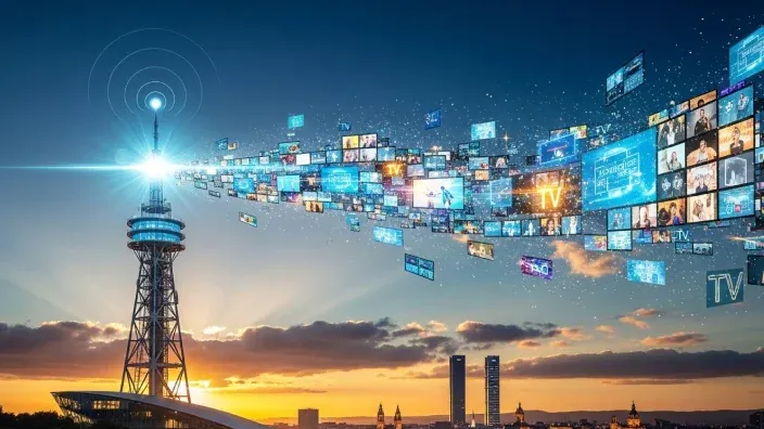 Torre de telecomunicaciones emitiendo señales digitales sobre una ciudad al atardecer.