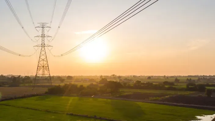 Torres eléctricas y líneas de alta tensión cruzando un campo verde al atardecer.