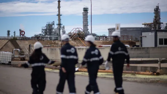 Técnicos con casco y protección observando las instalaciones de una refinería industrial desde una pasarela elevada.