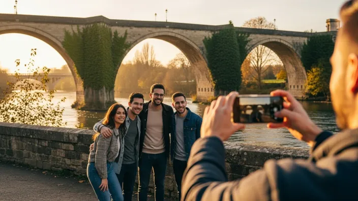 Persona tomando una foto con su móvil a un grupo de amigos sonrientes posando frente a un puente al atardecer.