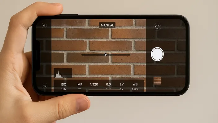 Cámara de smartphone en modo manual mostrando los ajustes de ISO, velocidad de obturación y exposición para fotografía.