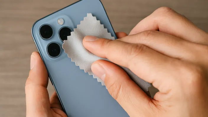 Persona limpiando cuidadosamente con un paño de microfibra la lente de la cámara de un smartphone para hacer fotos nítidas.