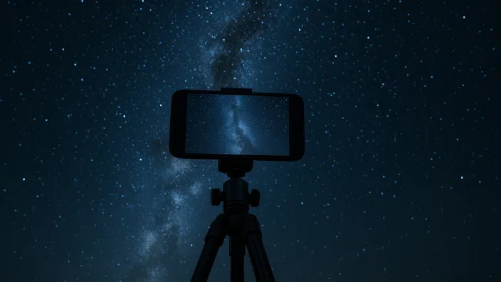 Smartphone sobre un trípode capturando la Vía Láctea, demostrando la capacidad de la astrofotografía móvil.