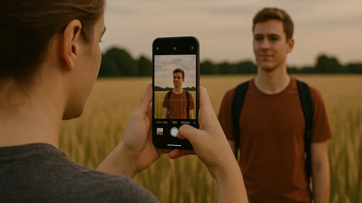 Persona utilizando la cuadrícula de su móvil para componer y hacer un retrato a un hombre en un campo al atardecer.