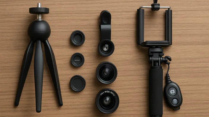 Kit de accesorios para fotografía con smartphone que incluye un mini trípode, lentes intercambiables y un disparador remoto.