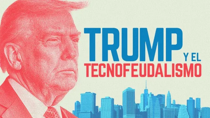 Ilustración de Donald Trump sobre skyline para el documental Trump y el tecnofeudalismo.