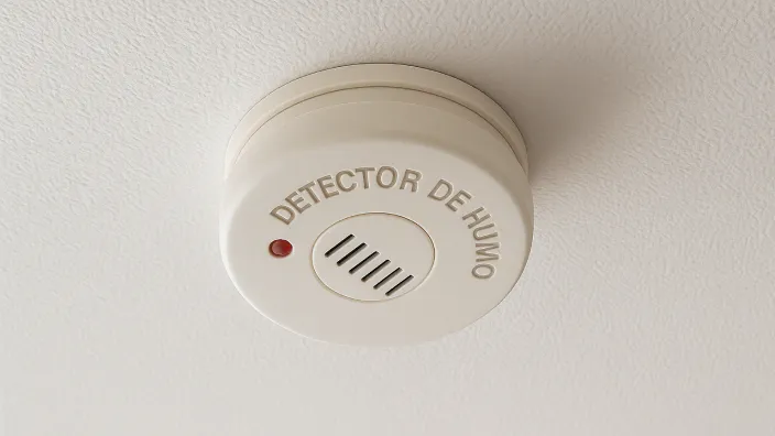 Primer plano de un detector de humo instalado en el techo, un elemento clave para la seguridad contra incendios en el hogar.