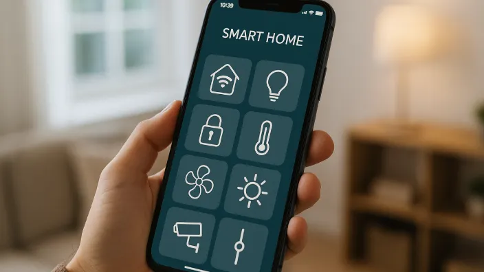 Móvil con una app de Smart Home para controlar a distancia la seguridad, luces y temperatura del hogar durante las vacaciones.