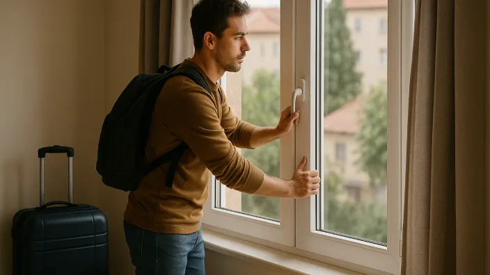Hombre con maleta y mochila asegurándose de cerrar bien las ventanas de su casa antes de salir de viaje.