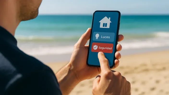 Control de seguridad del hogar desde el móvil con domótica durante vacaciones.