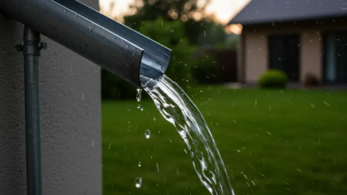 Canalón evacuando agua de lluvia para prevenir inundaciones en el hogar.