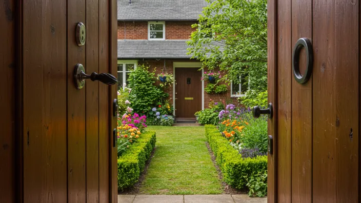 Entrada de casa con jardín cuidado para simular presencia y evitar robos.