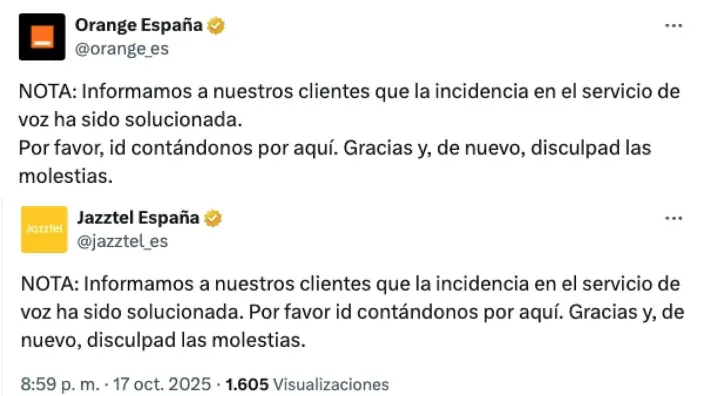 Tweets de Orange y Jazztel informando a sus clientes de que la incidencia en el servicio de voz ya ha sido solucionada.