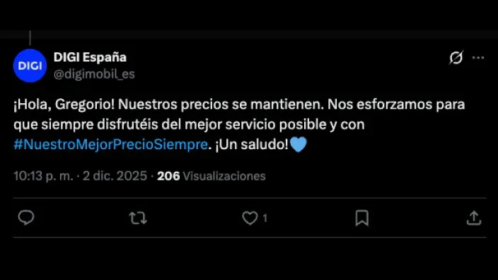 Tuir de la cuenta de Digi en X con el mensaje que confirma que congela sus precios en 2026.