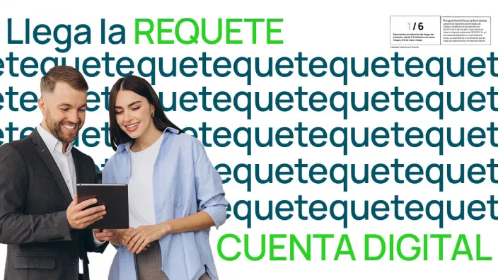 Publicidad de la Requete Cuenta Digital con una pareja sonriente consultando las condiciones en una tablet.