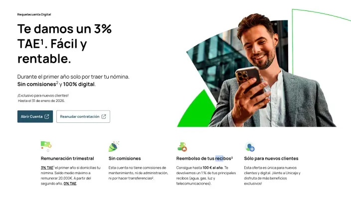 Oferta cuenta online Unicaja al 3% TAE sin comisiones y reembolso de recibos hasta 100€.