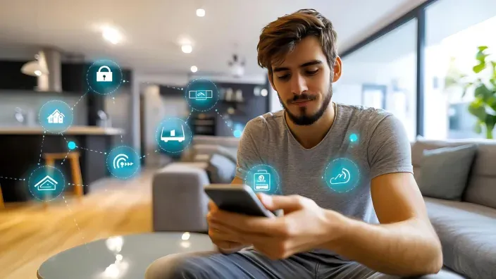 Hombre joven controlando la domótica del hogar inteligente a través de su smartphone en el sofá.