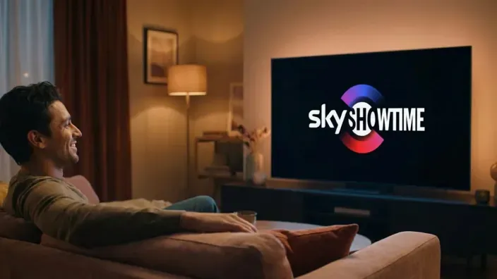 Hombre sonriente en el sofá viendo el logotipo de SkyShowtime en la pantalla de su televisor.