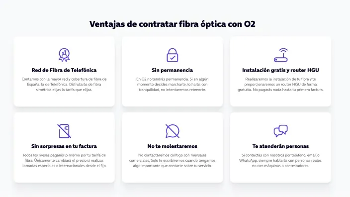 Resumen de las ventajas de la fibra óptica de O2: Red de Telefónica, sin permanencia, instalación gratis y atención personal.
