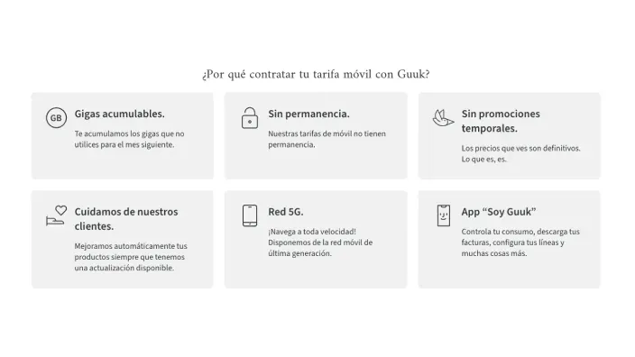 Resumen de las ventajas de la tarifa móvil de Guuk: gigas acumulables, sin permanencia, red 5G y sin promociones temporales.
