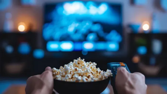 Persona viendo una película en casa con un cuenco de palomitas y un mando a distancia
