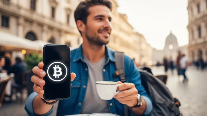 Viajero tomando café en Europa muestra en su móvil el logo de Bitcoin como método de pago turístico.