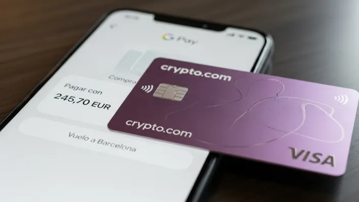 Tarjeta cripto de Crypto.com usada en Google Pay para pagar un vuelo a Barcelona.