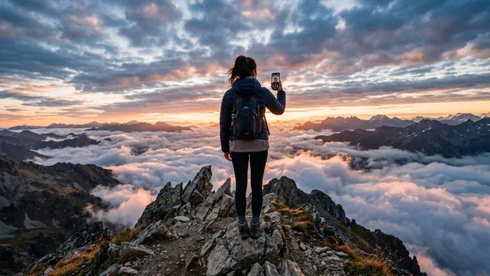 Senderista realizando una videollamada con su móvil en la cima de una montaña al atardecer.