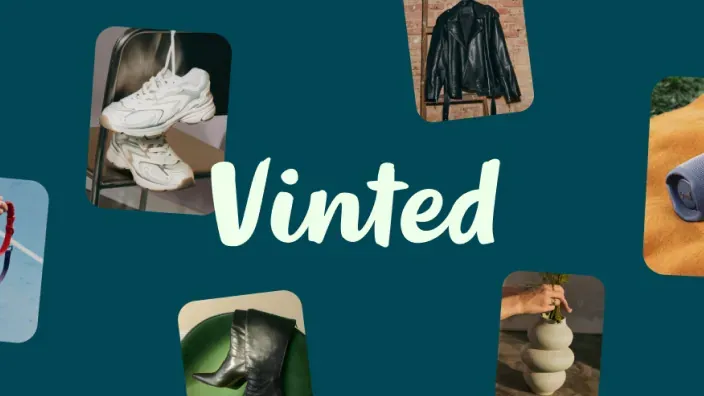 Logotipo de Vinted rodeado de prendas y accesorios de segunda mano en venta.