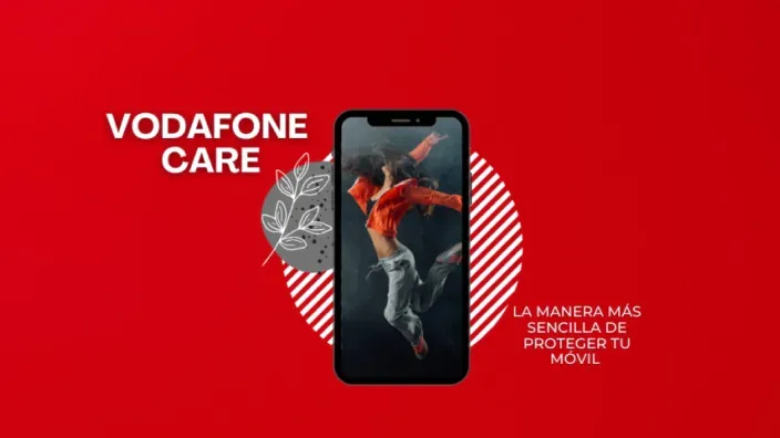 Teléfono móvil con imagen de una persona saltando sobre fondo rojo con el texto “Vodafone Care”.