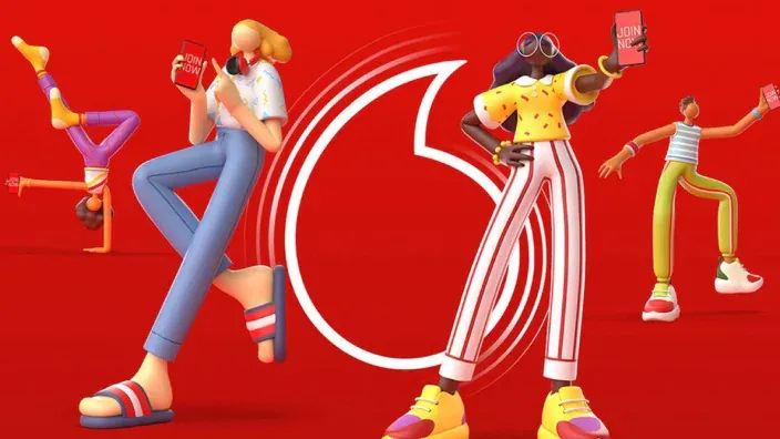 Ilustración de personajes con móviles sobre fondo rojo y logotipo de Vodafone.