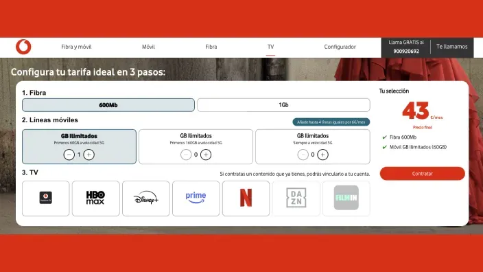 Configurador de tarifas Vodafone para personalizar paquetes de fibra óptica líneas móviles y televisión en streaming.