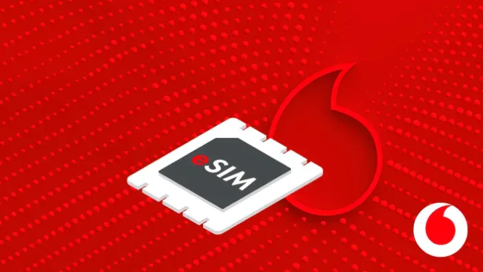 Ilustración de una tarjeta eSIM sobre fondo rojo con el logotipo de Vodafone