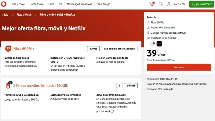 Oferta Vodafone fibra 600Mb con 2 líneas móviles ilimitadas y Netflix por 39 euros al mes.