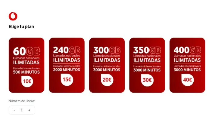 Planes móviles de Vodafone con tarifas de datos y minutos internacionales mostrados en tarjetas rojas.”