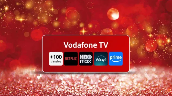 Imagen promocional de Vodafone TV con más de 100 canales y acceso a plataformas como Netflix, HBO Max, Disney+ y Prime Video