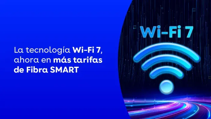 Tecnología Wi-Fi 7 en tarifas de Fibra SMART de DIGI: símbolo de conexión inalámbrica sobre fondo azul.