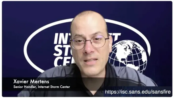 Xavier Mertens, Senior Handler del Internet Storm Center, durante una presentación online sobre ciberseguridad.