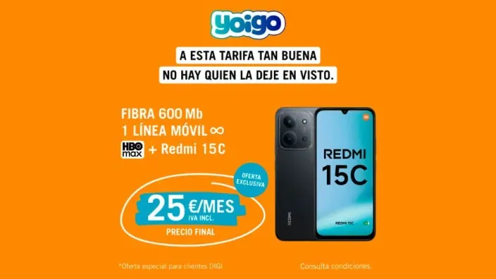Anuncio de la tarifa de Yoigo para clientes DIGI: fibra 600Mb, móvil, HBO Max y smartphone Redmi 15C por 25€ al mes.