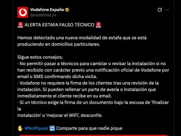 Captura del tweet de Vodafone en el que avisa de la estafa del falso instalador.