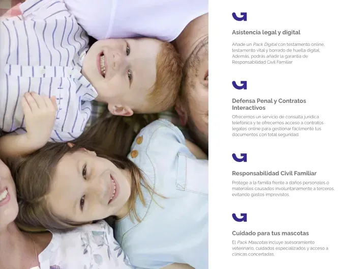 Web de Almudena Seguros promocionando su nuevo seguro de decesos con una imagen familiar y su mascota.