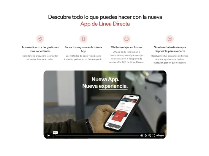 Funciones de la nueva App de Línea Directa: gestión de seguros, ventajas exclusivas y chat de ayuda para clientes.