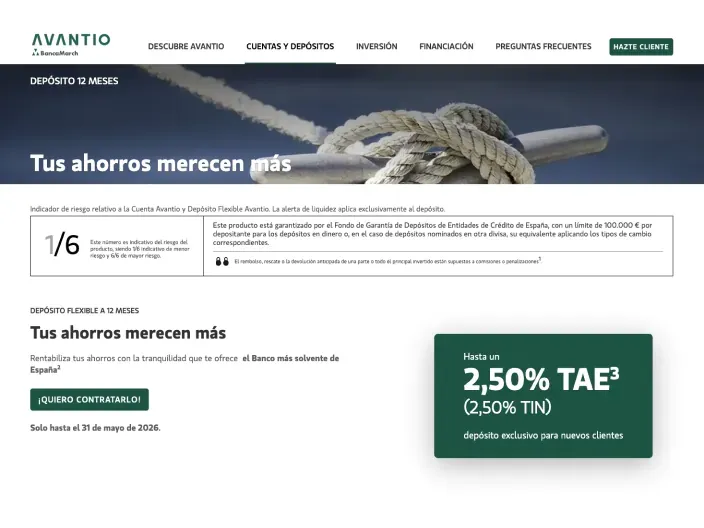 Depósito Flexible Avantio de Banca March al 2,50% TAE a 12 meses para nuevos clientes hasta mayo de 2026.