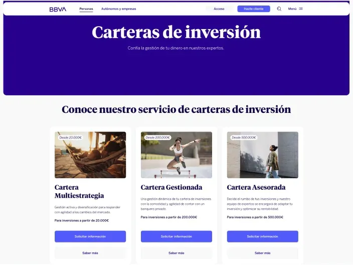 Servicio de carteras de inversión de BBVA: opciones Multiestrategia, Gestionada y Asesorada para capital y ahorros.