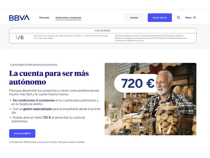 Web de BBVA con oferta de cuenta para autónomos y ahorro de setecientos veinte euros.