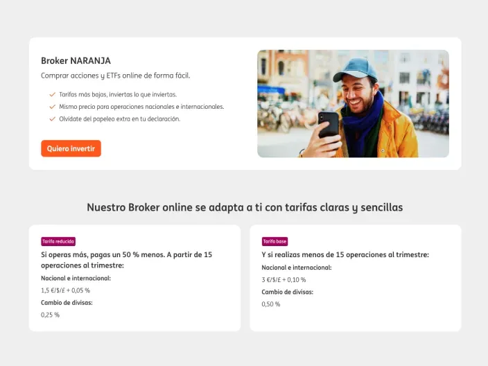 Web del Broker Naranja de ING con tarifas para comprar acciones y ETFs online de forma fácil y clara.