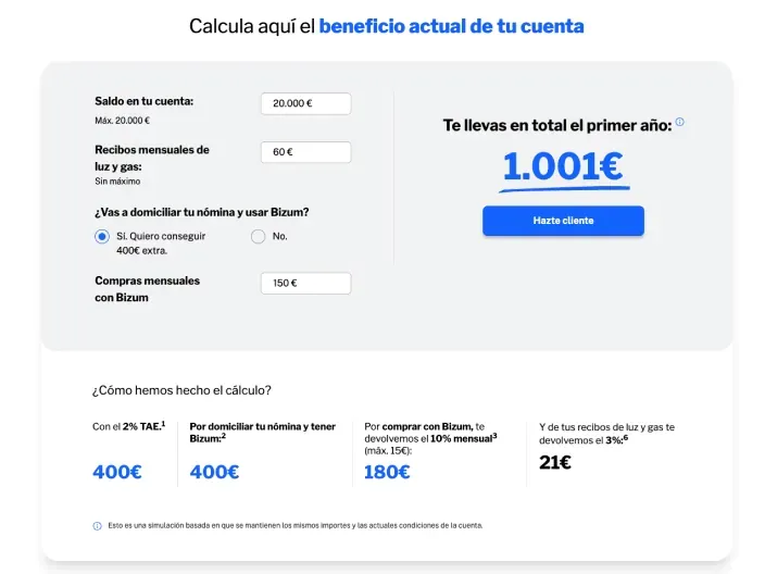 Calculadora online de beneficios de cuenta. Simula tu ahorro total al domiciliar la nómina, usar Bizum y pagar tus recibos.